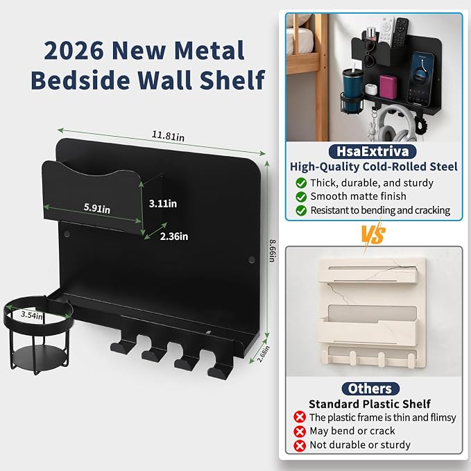 Metal Bedside Wall Shelf, No Drill, - Image 2