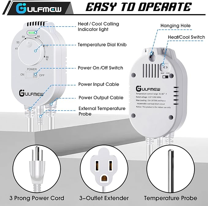 2 Pcs Plug in Thermostat for Heater, Thermostat Plug Outlet with 4.9FT Power Cord, Heating and Cooling Thermostats Outlet with Temperature Probe for Space Heater, Greenhouse Fan (White)