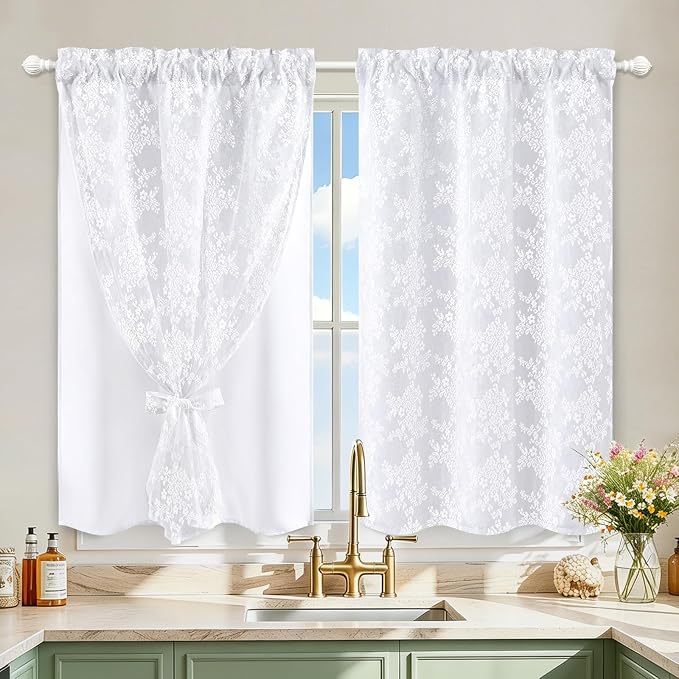 Yinhua White Kitchen Curtains 36 Inch Length Double Layer Blackout Curtains by yinhua