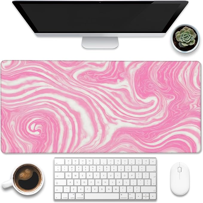 Eflxamz Desk Pad,Pink Marble Swirls Texture Desk Mat,Flow Liquid Waves Large Gaming Mouse Pad for Desk,Extended Big Computer Keyboard Mouse Pad with Non-Slip Base and Stitched Edge,35.4"x15.7"