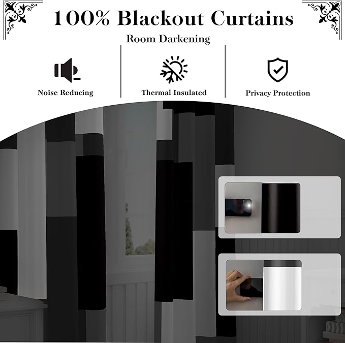 Black Grey 100% Blackout Curtains for Bedroom 108 inch Extra Long 2 Panels Set White Grey Modern Abstract Geometric Black Out Curtains Room Darkening Window Drapes for Living Room, 52Wx108L