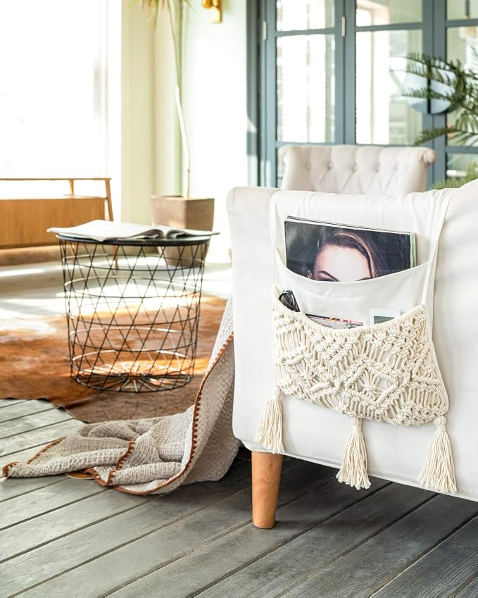 Mkono Macrame Armchair Caddy, Boho Couch Armrest Organizer, 4 Pockets Beige | - Image 2