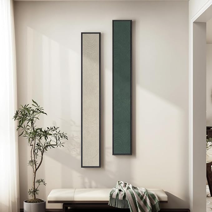 Framed Beige Green Abstract Vertical Wall Art Decor by Cuspin