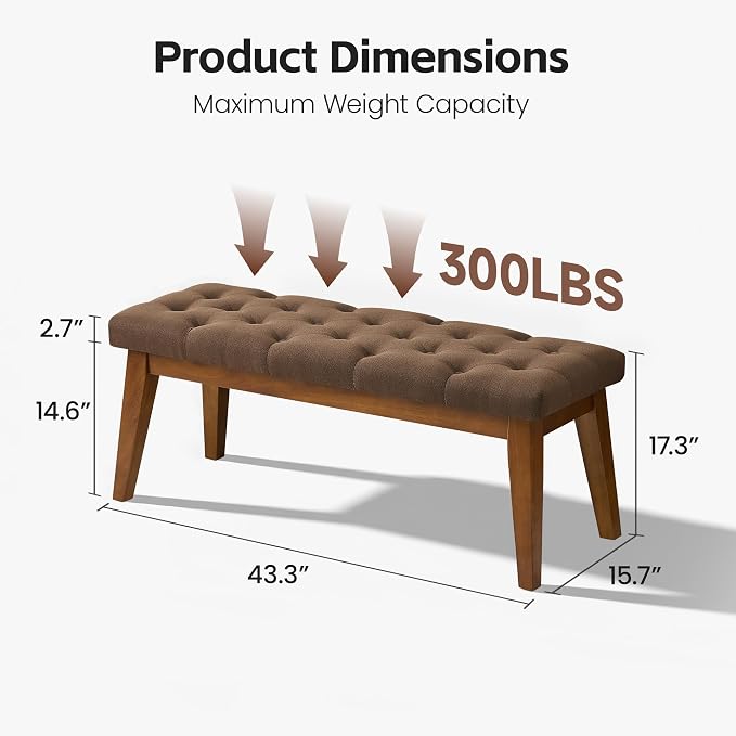 43.5" Upholstered Bedroom Bench, Linen Entryway Bench - Image 2