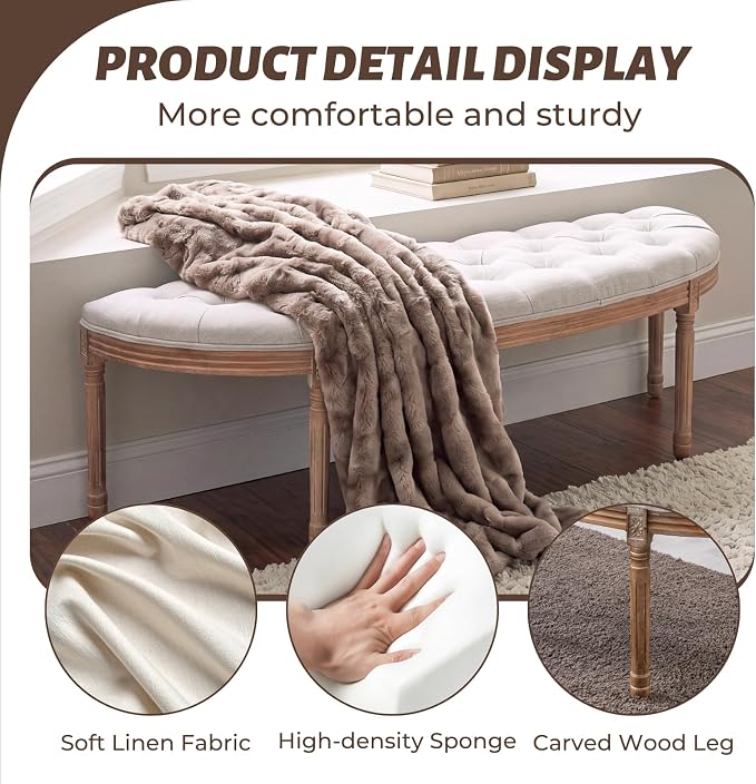chairus 55" Button Tufted Semi-Circle Dining Bench Linen Halfmoon Entryway - Image 5