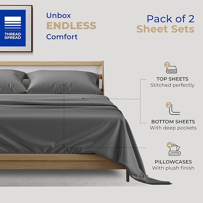 THREAD SPREAD 2-Pack Full Size Sheet Sets - 400 Thread Count 100% Cotton Sateen Weave - Extra Soft, Breathable, Hotel Quality Cooling Sheets, 2 Sets of Full Size Deep Pocket Bed Sheets (Dark Grey)