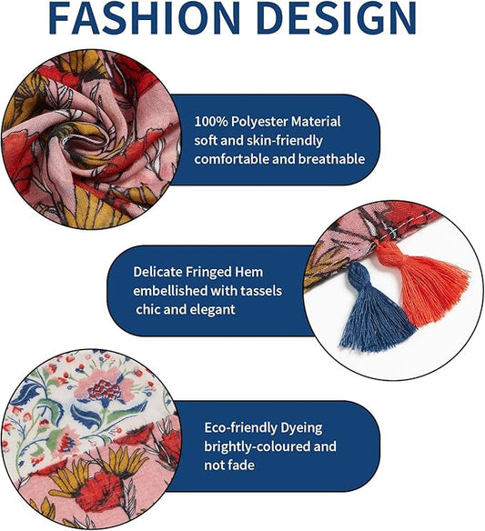 Scarf for Women Lightweight Soft Floral Leopard Printed Scarves Fall Winter Fashion Shawl Wrap with Fringe