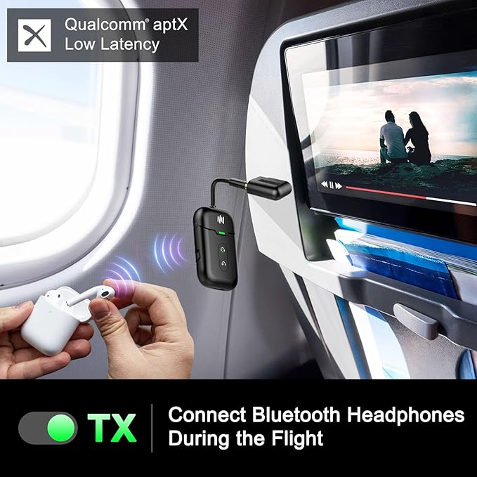 Premium Airplane Bluetooth 5.4 Transmitter Adapter,Supports 2 AirPods/Headphones 2-in-1 Bluetooth Transmitter Receiver with aptX Low Latency,Wireless Adapter for Flight,TV,Gym,Tablets Car Stereo
