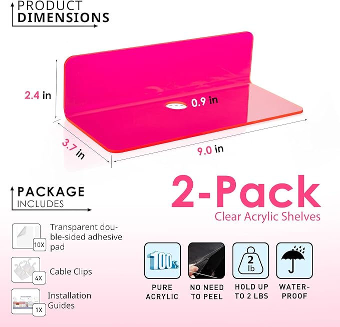 OAPRIRE Acrylic Floating Wall Shelves Fluorescent Pink, No Drill, 9 Inch 2P | - Image 2