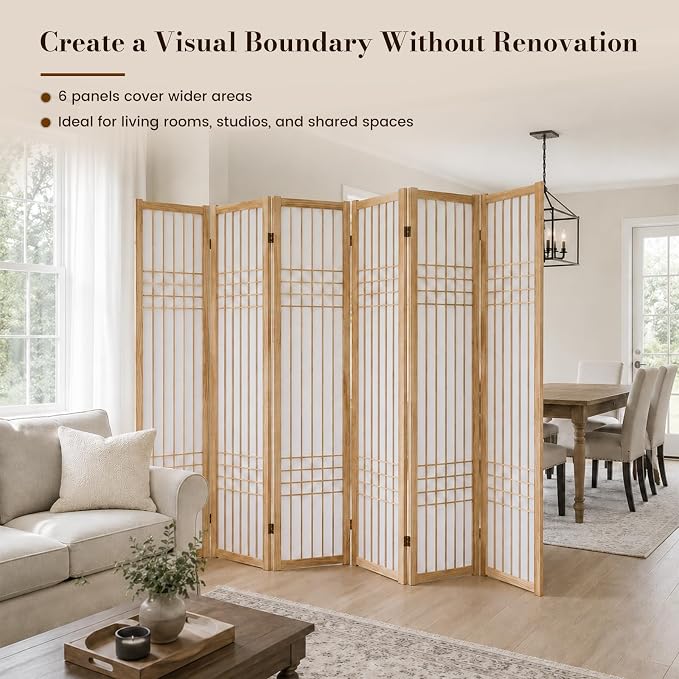 6 Panel Room Divider, 66.9" Tall Folding Privacy Screen, Natural | Shoji Screen - Image 3