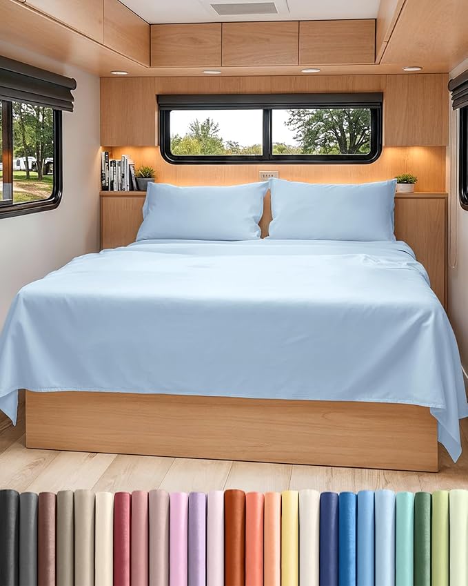 RV Short Queen Sheet Set 60 X 75 - 4 Piece RV Short Queen Bed Sheets - Soft, Breathable & Cooling - Designed for Bunks, Trailers & Campers - Fits 8” to 12" Mattress - Hotel Luxury Bedding - Light Blue
