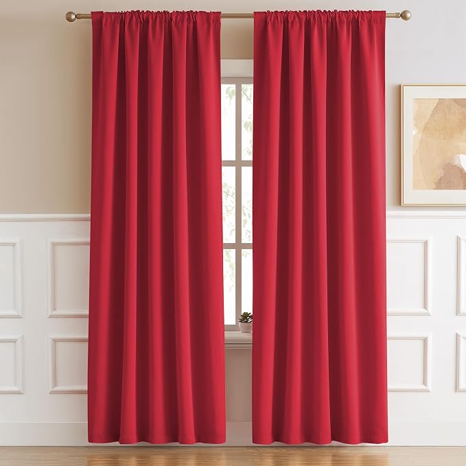Red Room Darkening Curtains Back Tab Loop Pocket Thermal Insulated Light - Image 2