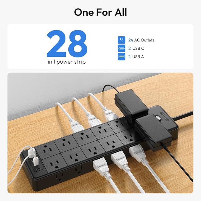 24 Widely Outlets Extension Cord 10 Ft NTONPOWER 15A/1875W Power Strips with Surge Protection 4000J,Black Extension Cord Surge Protector with 4 USB Ports(2 USB C), Wall Mount Holes for Home, Office