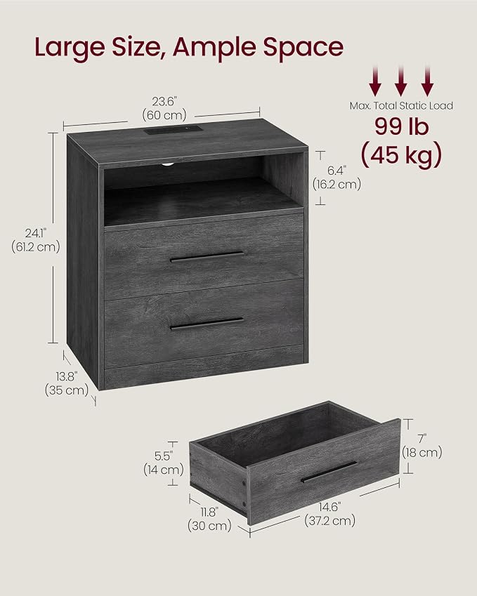 VASAGLE 23.6 Nightstands, LED Lights, Charging Station, 2 Drawers | LED Lights - Image 2