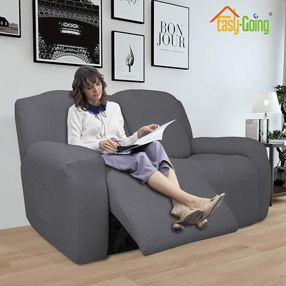 Easy-Going 6 Pieces Recliner Loveseat Stretch Sofa Slipcover Sofa Cover Furniture Protector Couch Soft with Elastic Bottom Kids, Spandex Jacquard Fabric Small Checks Gray