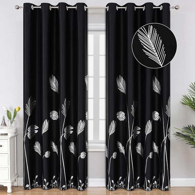 Blackout Curtains 84 Inches Long 2 Panles Elegant Silver Palm Tree Designed by ESTELARTEXTILER