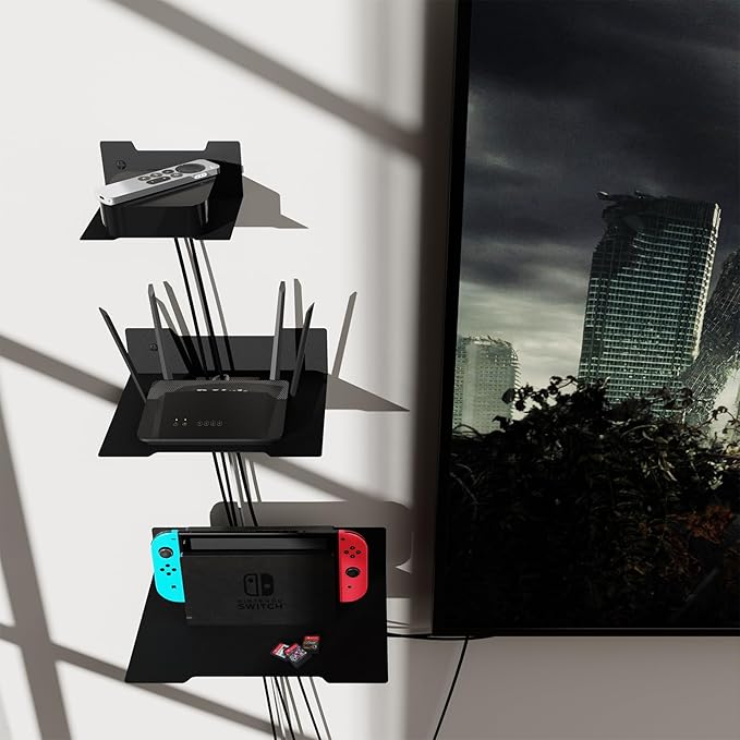 PzewMo Floating Metal Wall Mount Shelf,Shelf for Projector,TV Cable Box,Router,Speaker,Sound Bar,Camera,Gaming,Decor Display (1, Large)