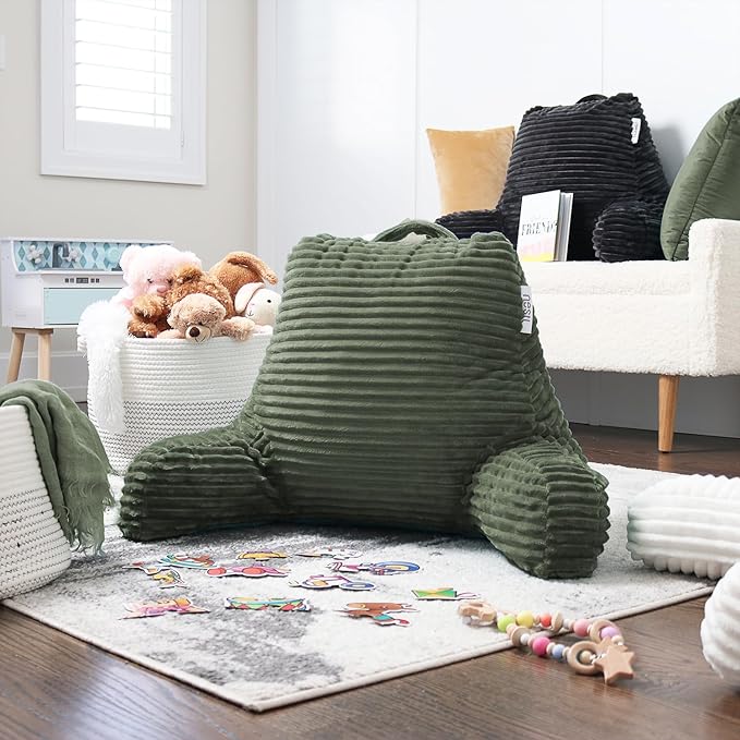 Nestl Reading Pillow with Shredded Memory Foam, Luxe Cut Plush Back Pillow for Sitting Up in Bed, Back and Arms Adjustable Support for Adult & Teens, Backrest Pillows with Washable Cover Olive Green