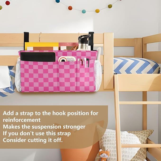 Pink Checkered Print Bedside Caddy Storage Bag Bedside Organizer - Image 6