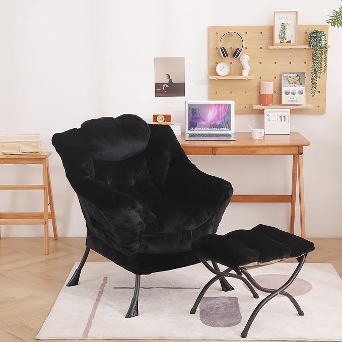 Lazy Chair with Ottoman, Comfy Accent Reading Chair, Plush Black | Foldable - Image 4