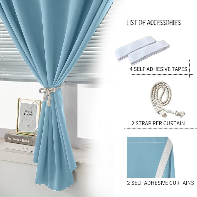 Thermal Blackout Curtains with Self-Adhesive Tape, No Rod No Drill Easy Install - Image 2