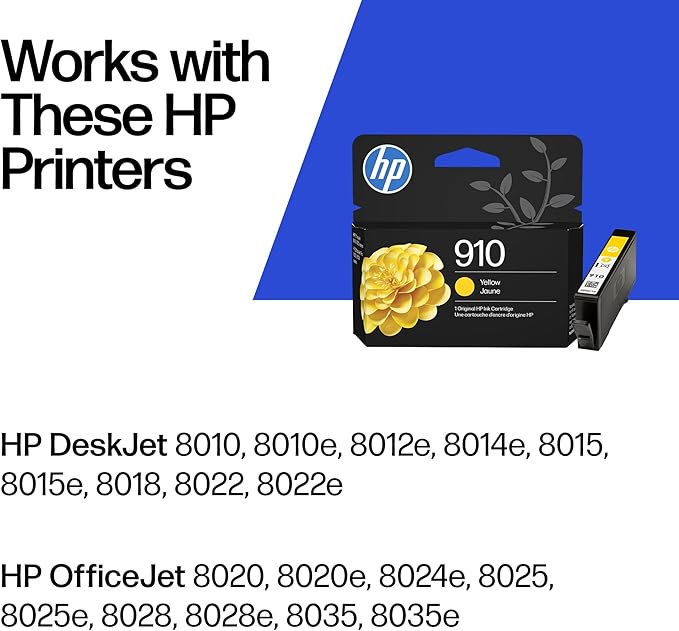 HP 910 Yellow Ink Cartridge | Works with OfficeJet 8010, 8020 Series, OfficeJet Pro 8020, 8030 Series | Eligible for Instant Ink | 3YL60AN