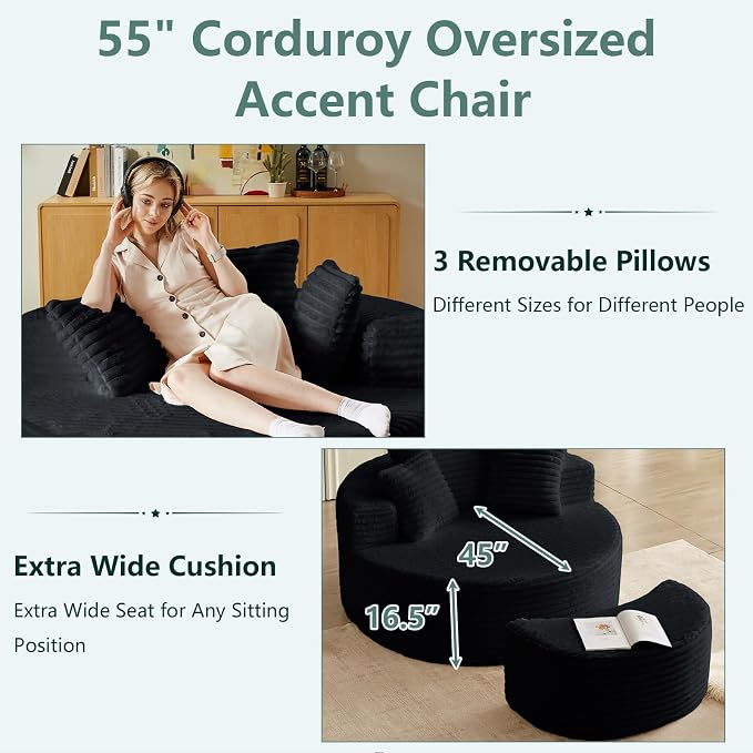 55'' Oversized Round Chair Lounge Chaise Indoor - Image 4