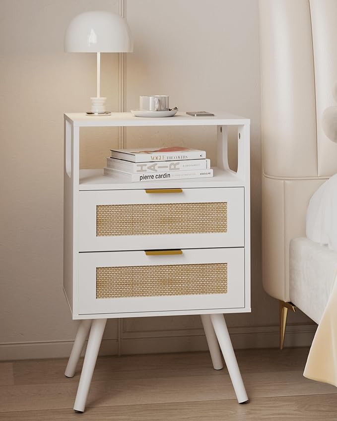 Rattan Nightstand,Farmhouse Bedside Table with 2 Storage Drawer and Open Wood Shelf, for Bedroom and Small Spaces,Night Stand with Solid Wood Legs (White)