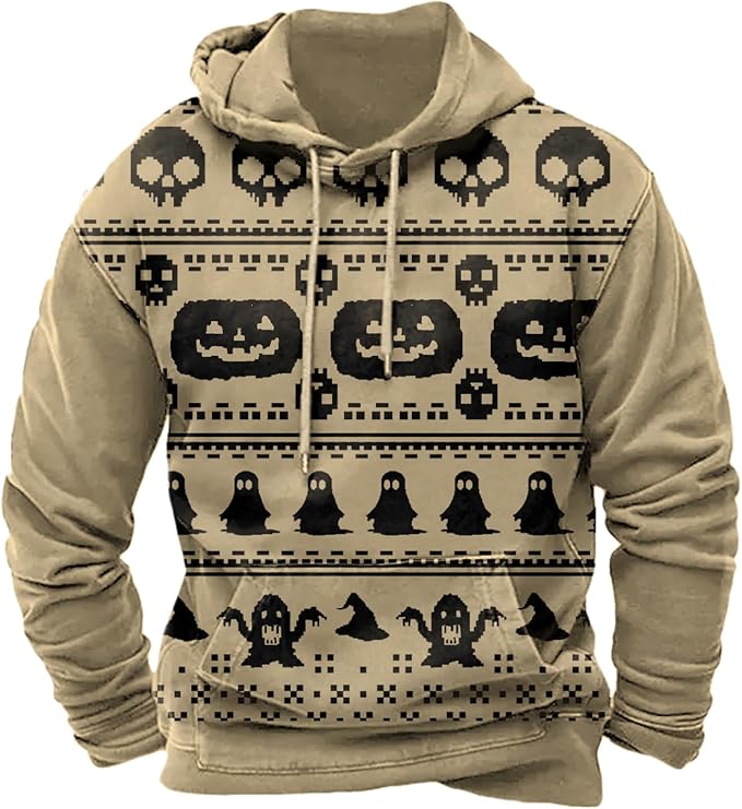 Halloween Hoodie Men Graphic Pumpkin Ghost Printed Sweatshirt Casual Trendy Long Sleeve Halloween Hooded Tops with Pockets