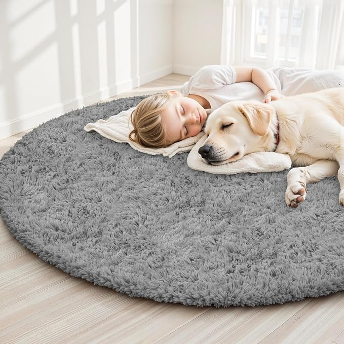 Light Gray Round Fluffy Rug 6ft Plush Fuzzy Shaggy Carpet | Soft Rugs - Image 3