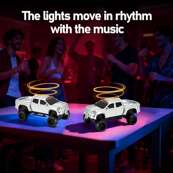 WSTER WS-X65 Pickup Truck Replica Bluetooth Speaker – HD Sound, FM Radio, TWS Stereo, LED Party Lights, USB/TF Playback, Built-in Mic – Cool Portable Car Design Speaker for Outdoors & Home (Silver)