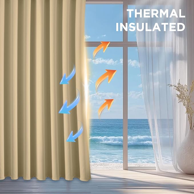CUCRAF Beige Blackout Curtains 96 Inches Long, Thermal Insulated Noise Reducing - Image 3