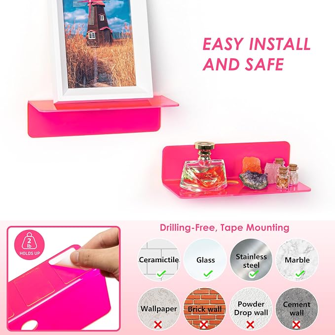 OAPRIRE Acrylic Floating Wall Shelves Fluorescent Pink, No Drill, 9 Inch 2P | - Image 5