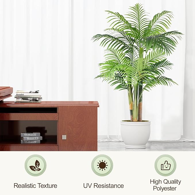 5ft Tall Triple Golden Cane Palm Artificial Tree Large Tropical Palm Tree UV Resistant Fake Plant in Pot for Indoor Outdoor Big House Living Room Outside Patio Office Home Decor 1Pack