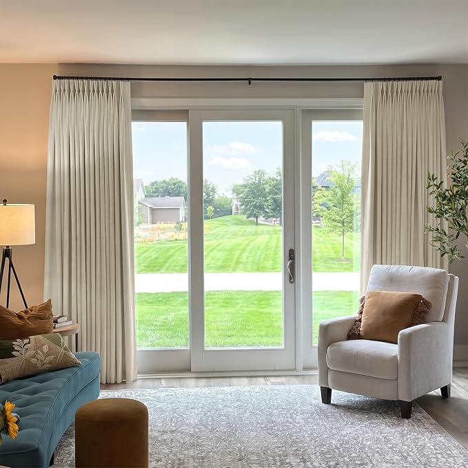 Pinch Pleated Full Blackout Faux Linen Curtains 102 Inches Long | Beige White - Image 4