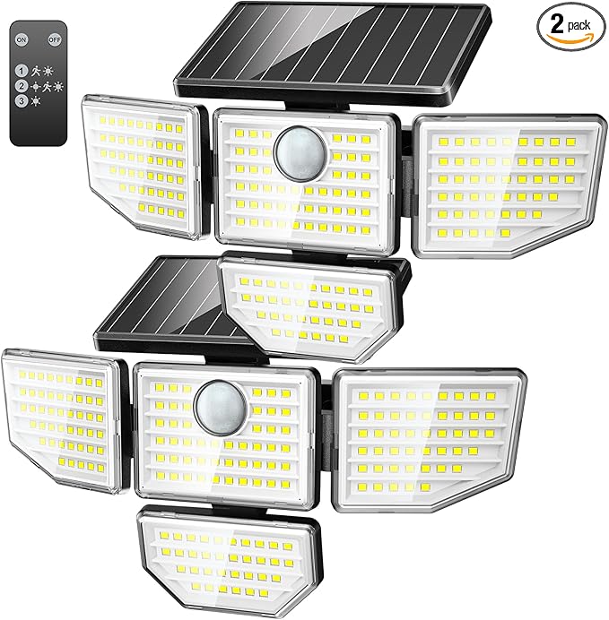 Adewalk 3000LM Solar Outdoor Lights - 2Packs 188 LED Security Lights with Remote Control, 4 Heads Motion Sensor Lights, IP65 Waterproof 270° Wide Angle Flood Wall Lights for Home Darkroom Backyard