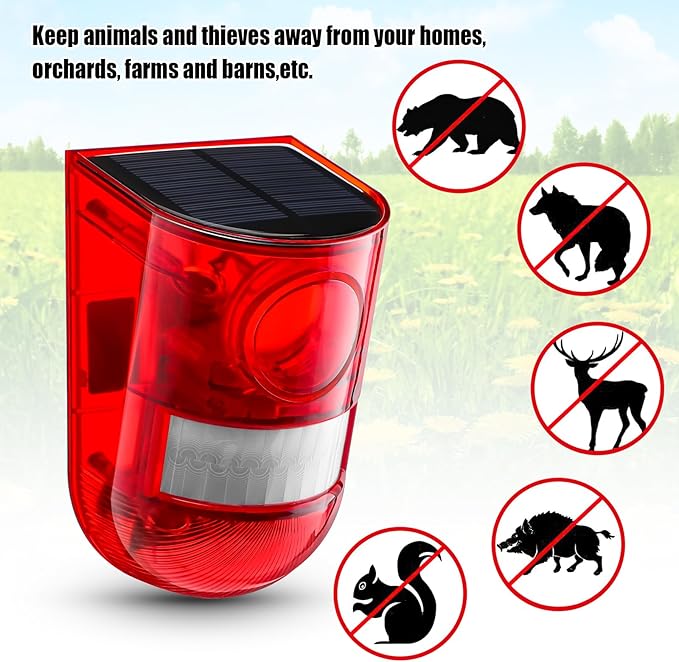 Qualirey 16 Pack Solar Sound and Light Alarm Motion Sensor 129db Outdoor Security Siren Waterproof Motion Activated Detector Alarm 6 LEDs Flash Warning Strobe System for Home, Farm (Red)