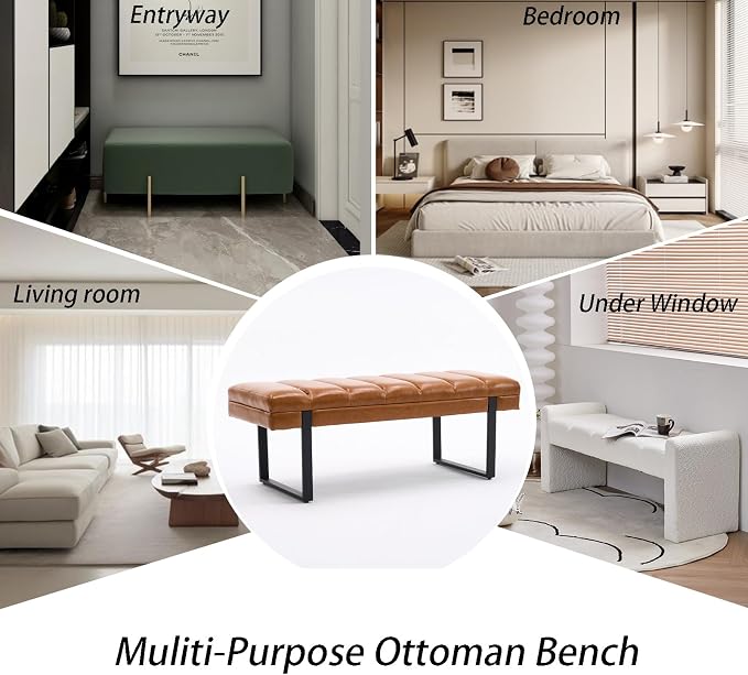 46" Faux Leather Bench for Bedroom End of Bed Window, Camel Brown | Tufted - Image 8