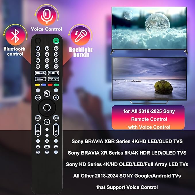Universal Backlit Remote for Sony TV, for All 2019-2025 Sony Remote Control for Smart TV with Voice Control, Replacement Remote for Bravia XR/XBR/KD Series Google TVs, Backlight, 1 Year Full Warranty