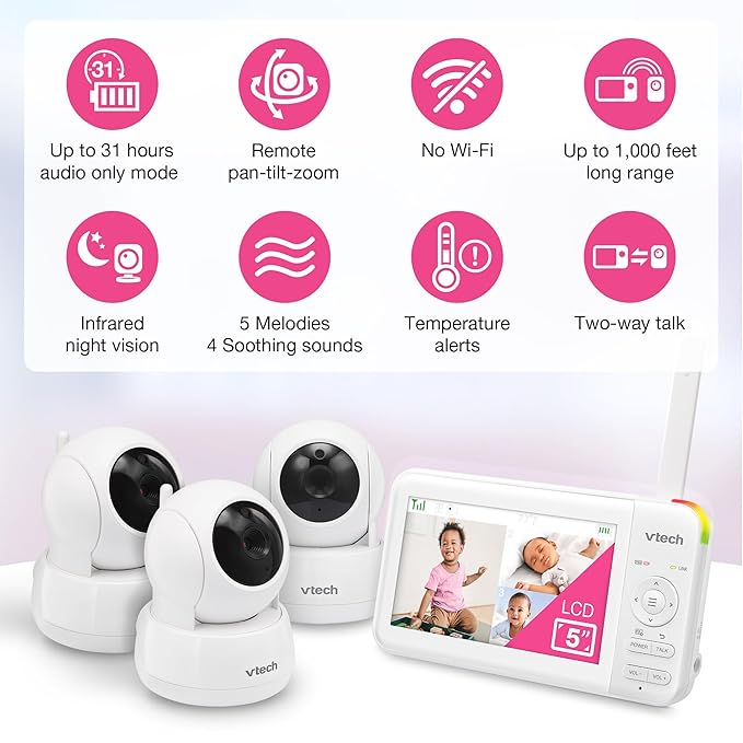 VTech 2 Cameras Video Baby Monitor with 5" LCD Screen,Up to 17Hrs Video & 31Hrs Audio, Night Vision, Pan-Tilt-Zoom, Lullabies, Soothing Sounds, Temperature Sensor,Split Screen, No WiFi: 924-2W