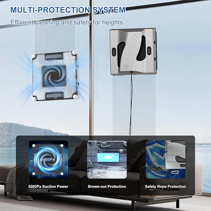 RSSIDOL Window Cleaning Robot 6000Pa Suction Power Window Cleaner Robot with 4 Water Spray Intelligent Cleaning with App Control, Perfect for High-Rise Windows, Tiles and Glass Doors