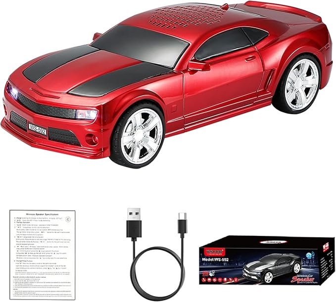 WSTER WS-592 Supercar Design Bluetooth Replica Speaker – Portable Car Model Wireless Speaker with TWS Stereo, FM Radio, LED Party Lights, USB/TF Playback, Hands-Free Calling, Microphone(Red)