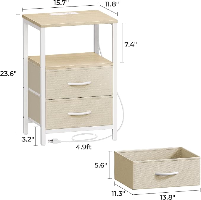Huuger Nightstand with Charging Station, Side Table with Fabric Drawers | End - Image 2