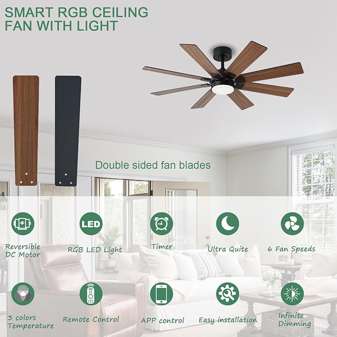 KNUN 48 Inch Ceiling Fans with Lights and Remote/APP Control, Low Profile Ceiling Fan, 8 Blades，LED Dimmable, Reversible DC Motor, Noiseless Brown Ceiling Fans for Bedroom Indoor/Outdoor Use