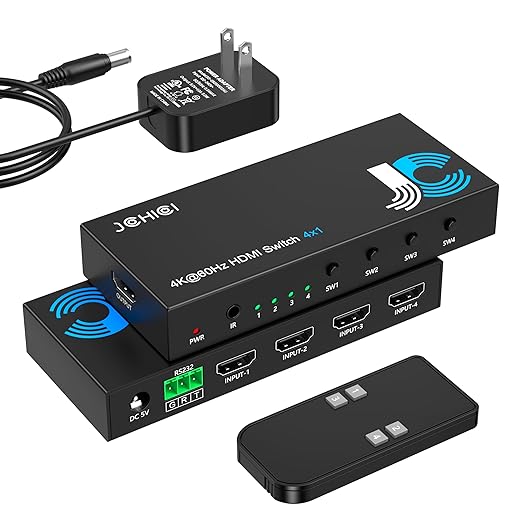 HDMI Switch 4 in 1 Out 4K@60Hz, 4 Ports HDMI Switcher Splitter Selector with Remote, Support HDCP 2.2 HDR 10+ Dolby Vision/Atmos 18Gbps CEC for Apple TV Game PC PS4 5 Pro Xbox Roku