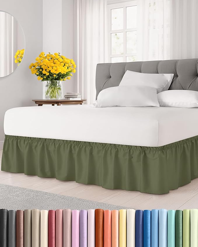 Wrap Around Dust Ruffle Bed Skirt - Sage Green - for King Size Beds with 15 Inch Drop - Elastic Strap - Adjustable Pleated Bedskirt with Brushed Fabric and Wrinkle Free - for Women, Men, Kids & Teens