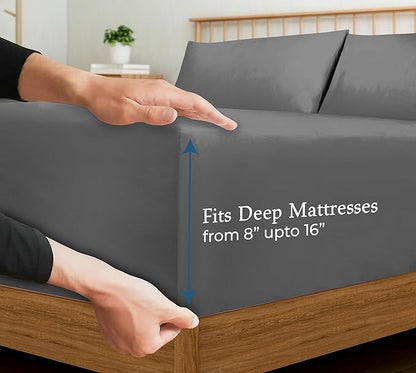 ROYALE LINENS 400 Thread Count 100% American Grown Cotton Fitted Sheet Queen Size - All Around Elastic Fitted Sheet - Luxury Sateen Weave - Snug Fit Bottom Sheets Fit Up to 16" (Queen,Spanish Slate)