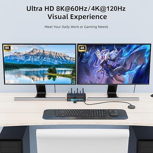 8K Dual Monitor KVM Switch Dual HDMI 2.1 2 Monitors 2 Computers 2 in 2 Out 4 Port USB 3.0 8K@60Hz/4K@120Hz KVM Switches， Wired Desktop Controller & 2 USB 3.0 Cables Included
