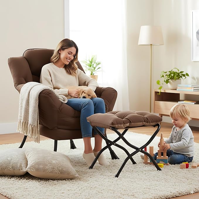 Lazy Chair with Ottoman, Comfy Accent Reading Chair, Dark Brown | Foldable - Image 5