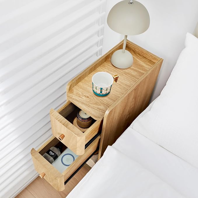 Narrow Nightstand Set of 2, Wooden Small 2 Drawer Nightstand, Slim Side End - Image 4